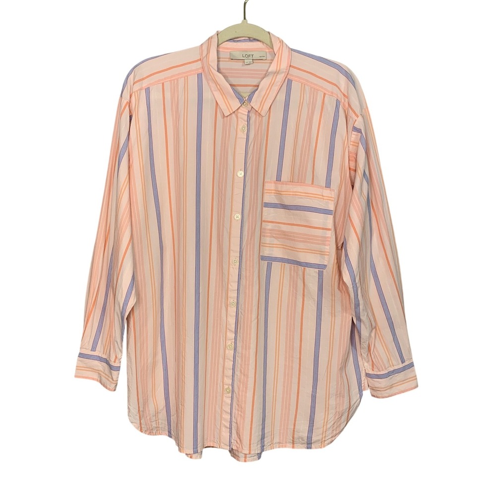 LOFT Petites Orange Blue Stripe Button‎ Up Shirt Long Sleeve Casual Womens LP